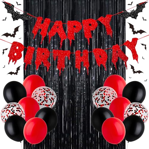 Image of Halloween Happy Birthday Banner, Bloody Bat Vampire Red and Black Birthday Decorations, Glitter Foil Fringe Curtains Backdrop Balloons Horror Movie Themed Party Decoration Supplies