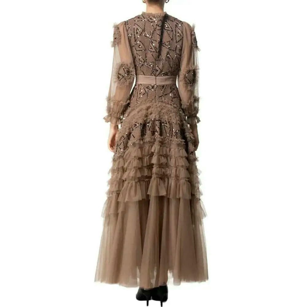 GLDFW moda damska elegancka sukienka siatkowa cekinowa wysadzana okrągłym dekoltem z długim rękawem duża huśtawka sukienka maxi odzież damska