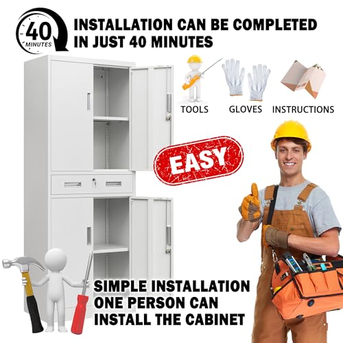 Metal Storage with 1 Drawer, 71" Cabinet with 4 Locking Doors and 2 Adjustable Shelves, Steel Storage File Cabinet for Pantry, Kitchen, Office, Garage (White)
