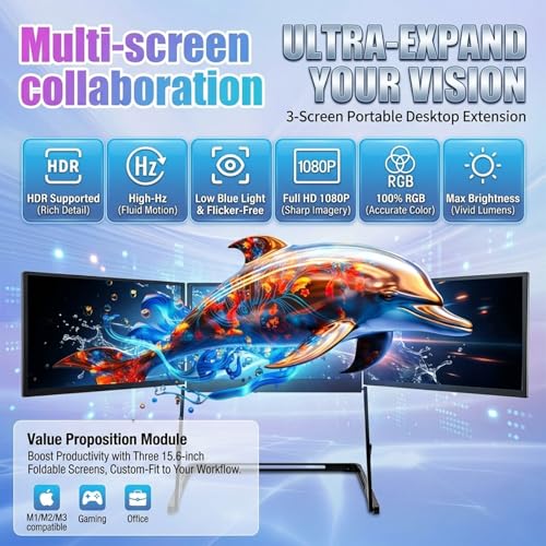 Image of Triple Aero 15.6 Pro Max 3 Screen Monitor with 1080p FHD IPS Display, Ideal for Presentations and Remote Work, with 360 Rotation Adjustable Viewing Angles