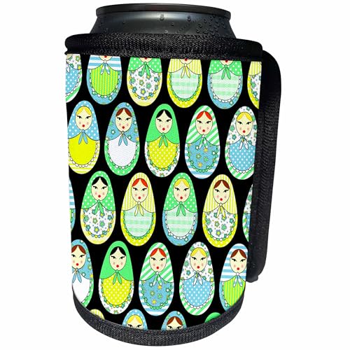 Can Cooler Bottle Wrap - Cute Russian Matryoshka Nesting Dolls Print - Cool Colors Black Designs Dolls