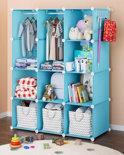 Image of 12 Door Plastic Wardrobe for Kids - Cupboard for Clothes Storage Rack, Almirah for Clothes, Baby Collapsible Wardrobe, Multi-Purpose Kids Storage Organizer for Books,Toy (Blue-KTE2, 12-Door)