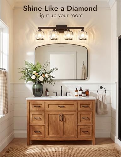 Image of VOLISUN Crystal Vanity Lights for Bathroom, 4 Light Bathroom Vanity Light, Modern Matte Black Bathrooms Light Over Mirror, Black Bathrooms Lights Fixtures-UL Certificated(Exclude Bulb)