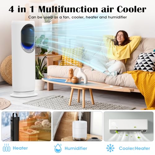 Image of 4 in 1 Tower Fan and Heater Combo with Humidification, 1800W Space Heaters Fan for Indoor Use, 120Oscillating, 2 Heating & 3 Cooling Speed, 4L Water Tank, Timer, Tip-Over (white, Crescent)