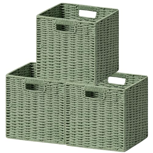 UBBCARE 3 Pack Wicker Basket, 11L×11H×10.5W inch Woven Paper Rope Storage Baskets for Shelves, Foldable Cube Storage bin with Handle, Storage Basket for Organizing & Decor, Green