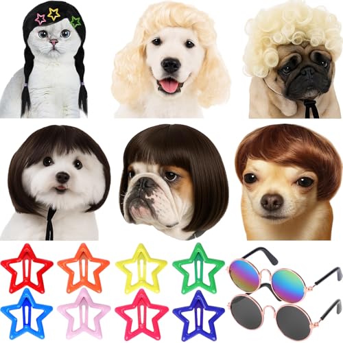 FineCheer 6 Pcs Funny Dog Wig for Cat and Dog Role Playing Wigs with Hairpin Glasses and Adjustable Elastic Band Pet Wigs and Pet Costumes for Small Medium & Large Pets Accessories(Classic)
