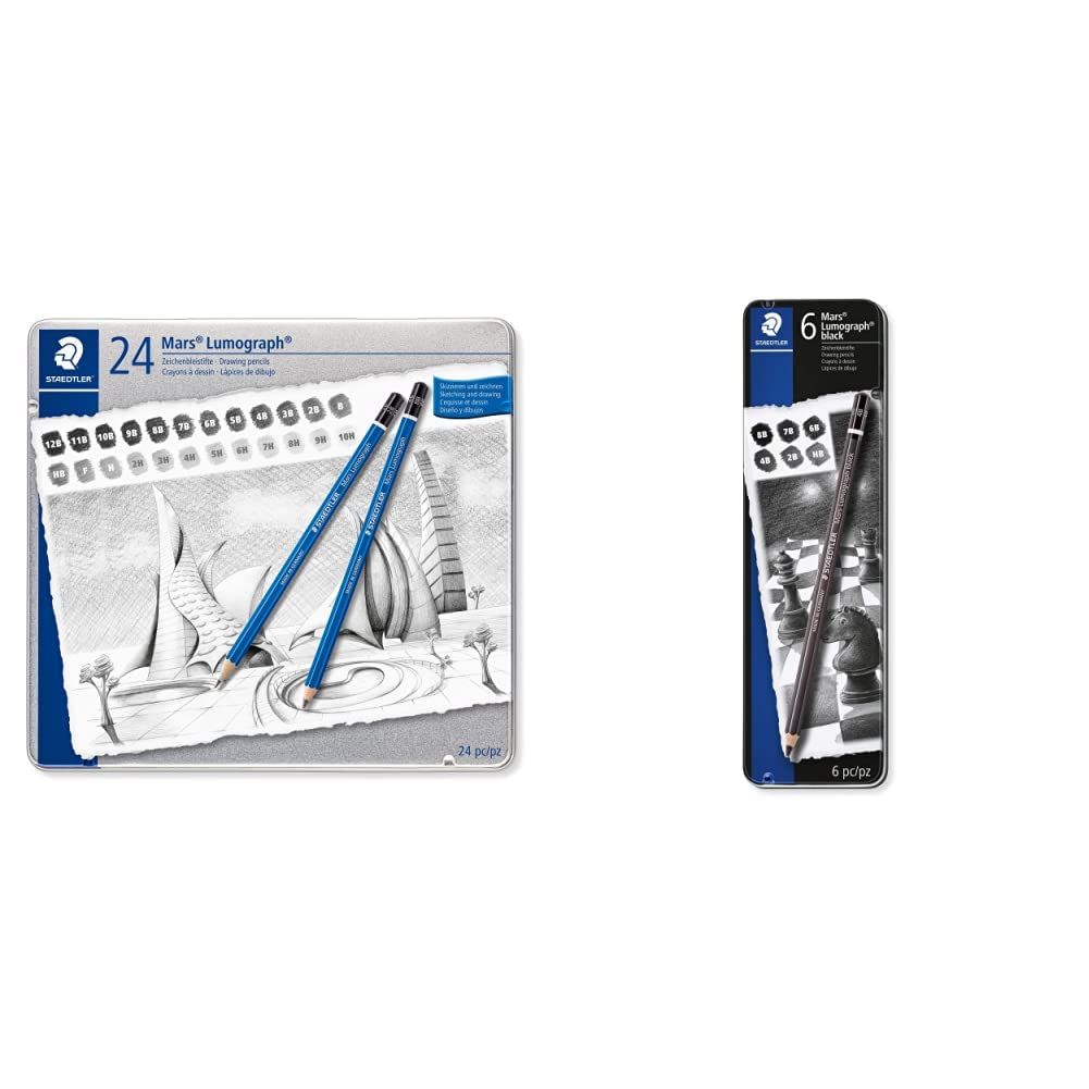 Staedtler Mars Lumograph, Crayons à papier de très haute qualité, Boîte en métal avec 24 crayons assortis 12B-10H, 100 G24 & Mars Lumograph Black, Boîte en métal avec 6 crayons assortis, 100B G6