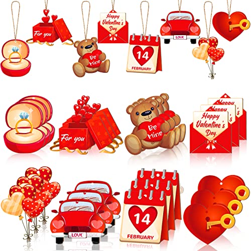 Yalikop 24 Pcs Valentine's Day Ornaments for Tree Wood Valentines Tree Decorations Pink Red Heart Gnome Wood Cutouts with Ropes for Valentine's Day Gift Window Wall Home Decor