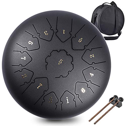Tambour Handpan, WZTO Steel Tongue Drums à 12 Pouces 13 Tons Mini Instrument à Percussion en Acier de Tambour à Main avec Sac, Livre de Musique- Idéal Pour le Camping, le Yoga, la Méditation