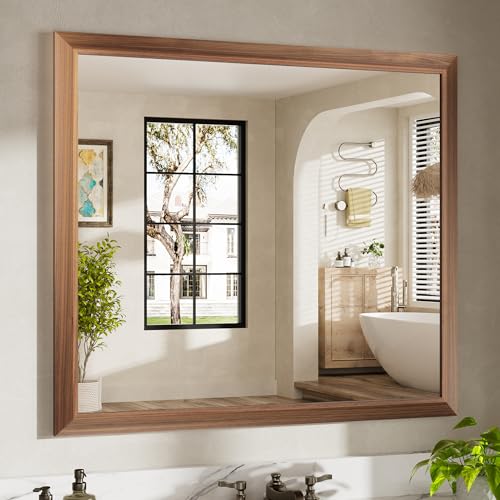 Image of 40x36 Inch Bathroom Mirror for Wall, Anti-Rust Walnut Wood Grain Metal Framed Bathroom Mirrors for Over Sink,Rectangler Mirrors for Bathroom Vanity, Farmhouse, Bedroom, Living Room, Entryway Decor