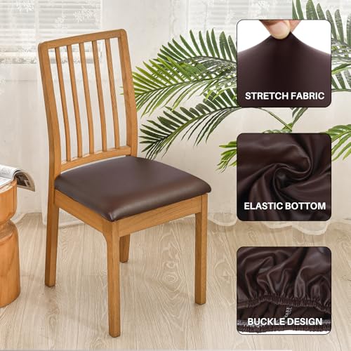 Image of SearchI Waterproof PU Seat Covers for Dining Chairs, 6 Pack Stretch Faux Leather Chairs Covers, Kitchen Chair Cover Protectors (Brown)