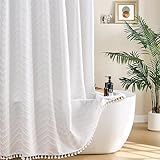 Siiluminisoy White Shower Curtain Fabric Boho Shower Curtain Cloth Textured Tufted Chevron Elegant Shower Curtains Waterproof for Bathroom 72' x 72'