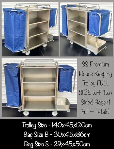 Image of Shoppers Hub PNQ SS Housekeeping Trolley with Double Sided Removable 1 Half + 1 Full Washable Bags with Clips & 3 Compartments for Heavy Duty Use in Hotels & Resorts.(Size:140cmL*45cmB*120cmH)