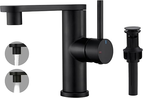 Tohlar Grifo de lavabo de baño negro, grifo de baño de un solo orificio con rociador, grifo de tocador de una sola manija con boquilla giratoria de