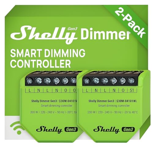 Shelly Dimmer Gen3 Doublepack WLAN Smart Dimmer, Hausautomation, Dimmbare Lichter, LED-Streifen, Kein Neutralleiter Еrforderlich, Smarte Zeitpläne, Kein Hub Еrforderlich, iOS & Android, Alexa & Google