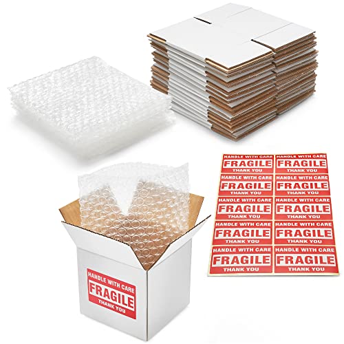 HomeBuddy 4x4x4 Shipping Boxes - Pack of 25 Small Shipping Boxes for Small Business, Mailing Boxes for Small Gifts, Candle 4x4 Shipping boxes, Mug boxes for Shipping with Bubble Wrap Bags and Stickers