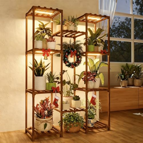 Bamworld Plant Stand with Grow Light Plant Shelf for Mutiple Pots Large Plant Holder for Living Room Patio Boho Home Decor for Gardening Warm Light