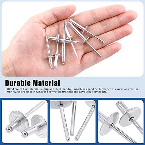 Glarks 290Pcs 5/32" x 5/16" / 3/8" / 1/2" / 5/8"/ 13/16" / 1" / 1-3/16" Large Flange Aluminum Blind Rivets Pop Rivets Assortment Set for Joining Metal Plate Pipe Automotive - Image 4