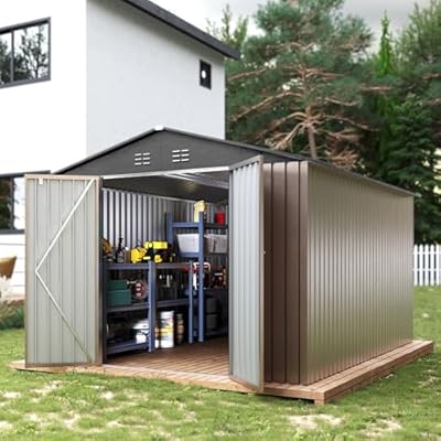 Storage Shed 8x12 FT Metal Shed Galvanised Steel Garden Shed with Lockable Doors Outdoor Waterproof Shed for Bike Storage, Tool Storage, Temporary Storage (Brown) (Black+Brown, 8 x 10 FT)