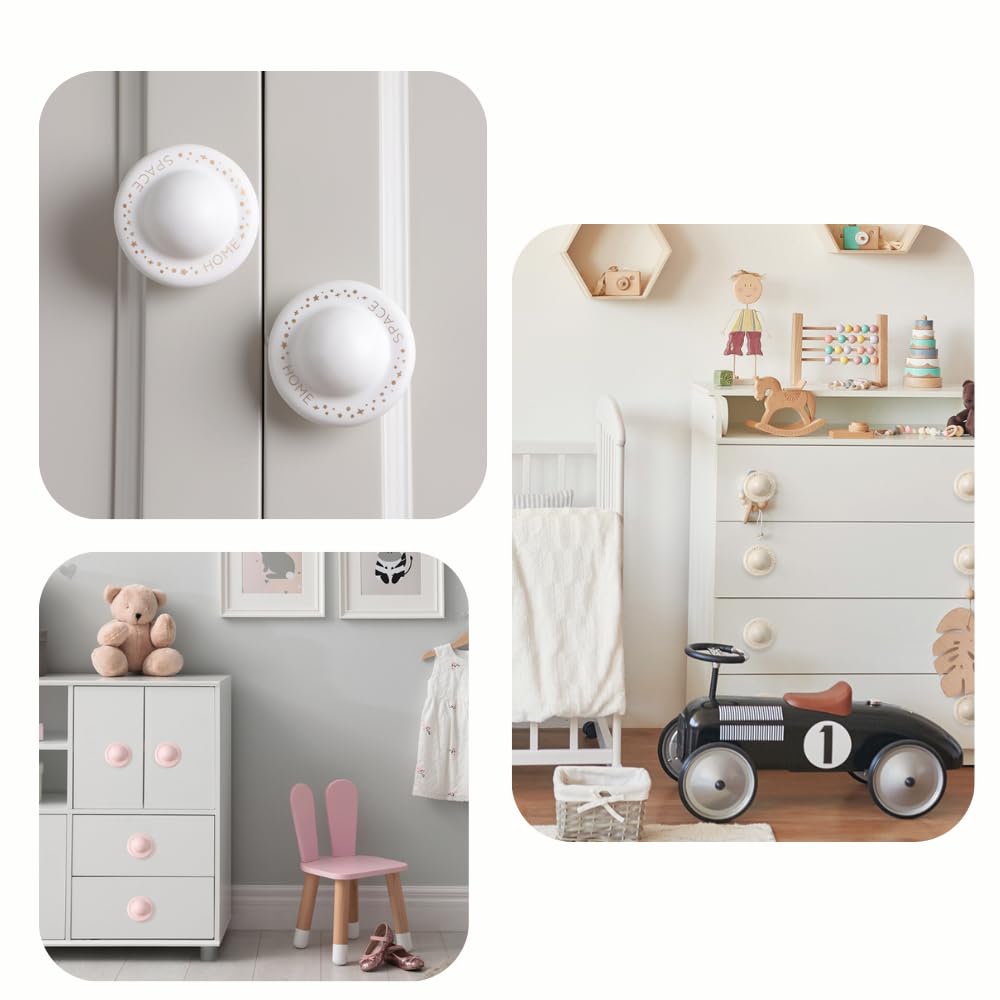 Pomelli per Mobili a Forma di Pianeta, Set di 2 Maniglie Decorative in Ceramica con Stelle Dorate (bianco)