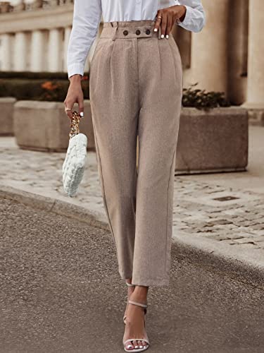 SweatyRocks Women's Elegant Button Front Pleated Pants High Waisted Straight Leg Long Pants4