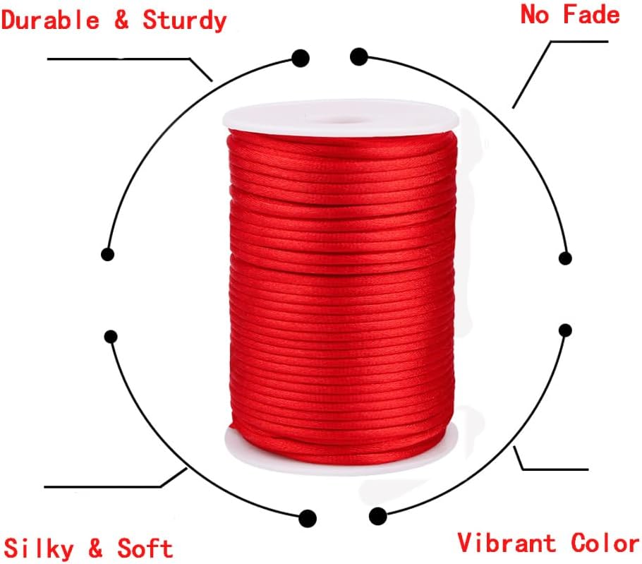3.0 mm x 54 Yards Nylon Satin Cord Beading Braided Thread String for Chinese Knotting Rattail Macrame Bracelets Necklaces Jewelry Making (Red)