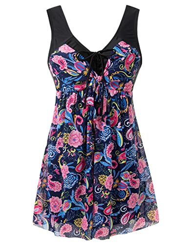 wantdo Women's Plus Size Swimdress Flower Printed Swimwear Cover Up Swimsuits with Skirt