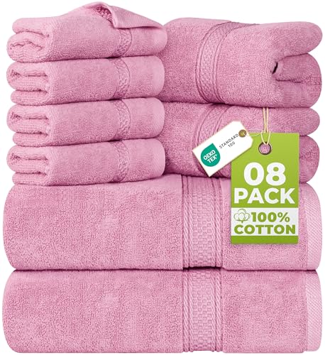 Utopia Towels 8 Piece Towel Set - 2 Bath Towels 2 Hand Towels and 4 Washcloths Cotton Hotel Quality Super Soft and Highly Absorbent (Pink)