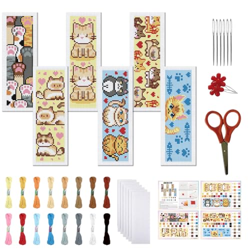 Image of FREEBLOSS 6 Set Cross Stitch Bookmark Kit 11 CT Stamped Cross Stitch Kit DIY Embroidery Bookmark Kits for Adult Beginners with Instructions, Little Cartoon Cat, 6 x 20 cm /8 inch x 2.4 inch