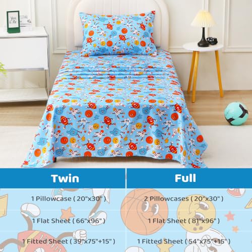 Image of Viviland 3 Pieces Boys Ball Sport Twin Sheet Set - Soft Microfiber Fitted Flat Sheets & Pillowcase Bed Sheet Set - Blue Ball Print Bedding Sets for Kids