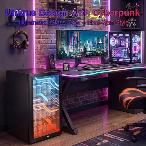 Image of 17 inch Beverage Refrigerator with LED Light Up Door - 128 Can Freestanding Drink Fridge, Small Beer Cooler with 4 Removable Shelves, Child Safety Lockfor Gaming Room Home Bar Party,Cyberpunk