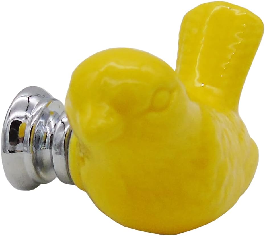 6pcs-Pack Vintage Ceramic Drawer Knobs and Pulls, Birds Art Decor Cupboard Dresser Cabinet Knobs and Handles for Kids-Room Bathroom Kitchen-Room Door Closet w/Screws Yellow
