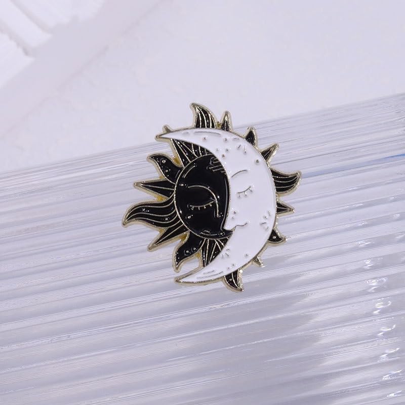 Image of Moon Sun Face Brooch Pin Cartoon Flaming Sun Badges Enamel White Moon Black Sun Corsage for Hat Bag T-shirt Decors