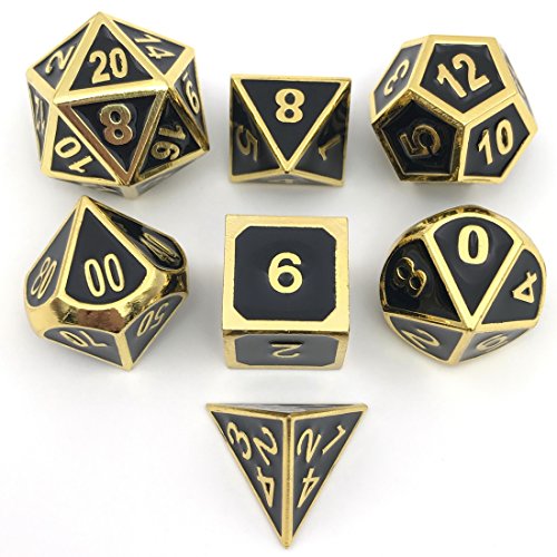 IvyFieldDice Shiny Gold w/Black Metal Enamel Dice D4 D6 D8 D10 D% D12 D20 for Dungeons and Dragons RPG Dice Gaming with Free Drawstring Pouch