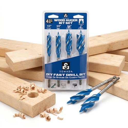 SOMADA Auger Drill Bit Set for Wood, 4-Piece, 1/2', 5/8', 3/4' and 1' Inch Size, 6-Inch Long Impact Wood Auger Set with Quick Change hex Shank