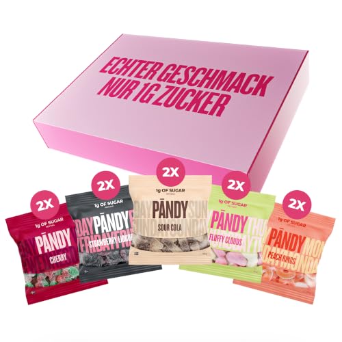 Pändy Gummibärchen ohne Zucker mit 100% Geschmack - 10x50g Probierpaket - zuckerfreie Süssigkeiten (<1g Zucker) - glutenfreie Süßigkeiten - kalorienarme gesunde Snacks - low carb Bonbons zuckerfrei