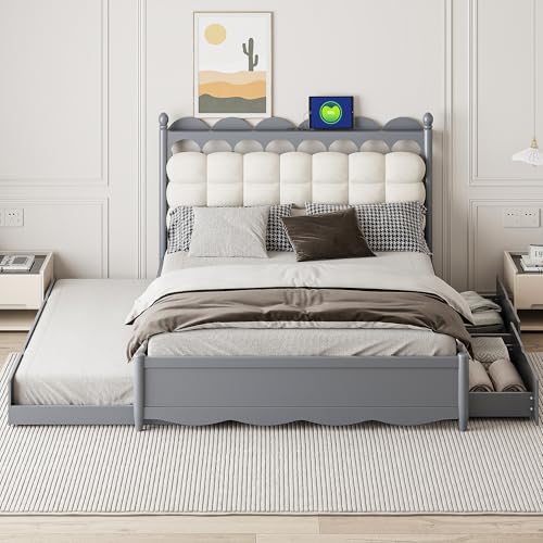 Merax Queen Size Wooden Storage Platform Bed with 2 Big Drawers, Twin-XL Size Trundle, One Set of Sockets & USB Ports, Square Velvet Upholstered Headboard, Gray