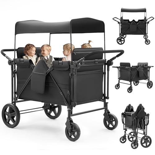 Image of Stroller Wagon for 4 Kids, Wagon Stroller 4 Seater Featuring Dual Push Handles, Adjustable Canopy, 5-Point Harnesses and High Seat, All Terrain Foldable Quad Wagon for Kids Outdoor, Black