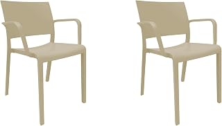 Resol New Fiona Set 2 Sillas Comedor Exterior o Interior | Jardín, Terraza, Patio, Balcón, Salón Comedor | Apilable - Ligera y Resistente | Diseño Moderno | con Reposabrazos - Color Marrón Arena