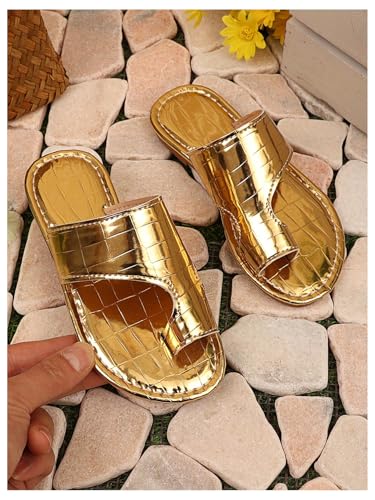 GORGLITTER Girl's Metallic Toe Ring Sandals Dressy Slip on Leather Flat Sandals Cute Fashion Wedding Shoes3