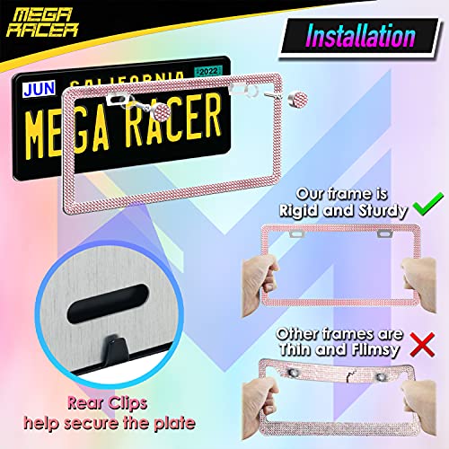 Mega Racer Crystal Diamond License Plate Frame - Premium 650 Pieces Pink Rhinestones Three Row, 2 Holes Stainless Steel Weatherproof, 1 Piece #TOP5