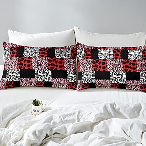 Red Leopard Zebra Print Duvet Cover Set King Size,Wildlife Tropical Animal Comforter Cover With 2 Pillowcases,Stitching Black Plaid Modern Bedding Set For Adult Young Bedroom Xmas Gift #TOP4