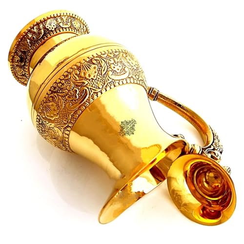 Image of Indian Art Villa Designer Brass Embossed Jug Pitcher with Lid, Drinkware & Tableware, for Serving and Drinking Water, 1000 ML, Gold
