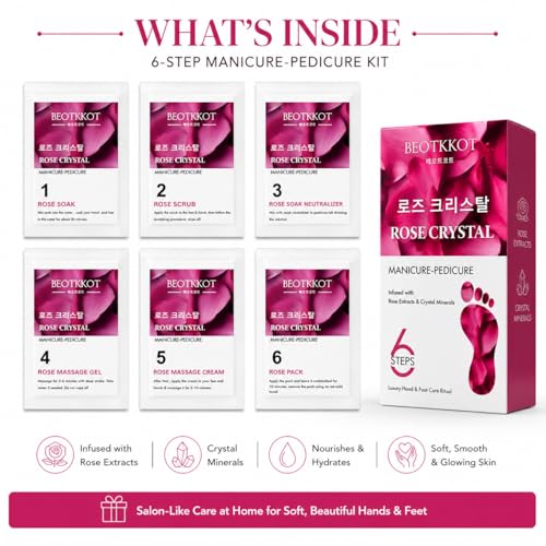 Image of Rose Crystal Manicure Pedicure Kit for Women | 6 Step Luxury Hand & Foot Spa Kit | Tan Removal, Dead Skin Removal & Soft Smooth Skin | Rose Extracts & Crystal Minerals | Salon Mani Pedi at Home