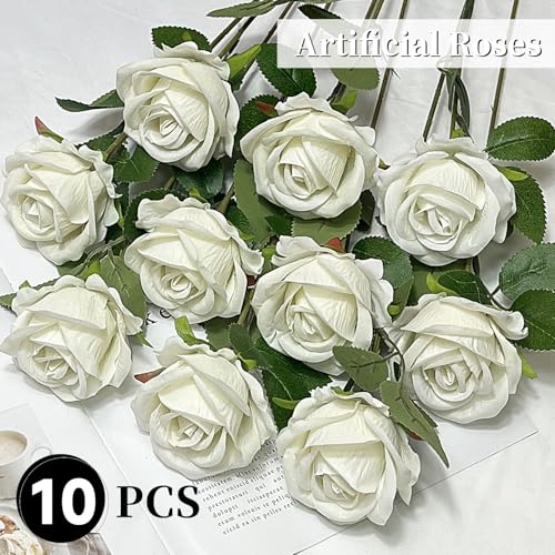 10 PCS Artificial Roses with Stems 50cm Long Fake Roses Silk Flowers Realistic Foam Flowers for Home Wedding Decorations (White) image 7
