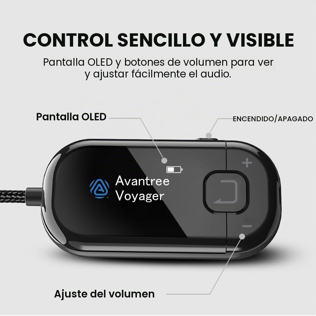 Avantree Voyager HA – Transmisor de Audio Auracast y Bluetooth 5.4 para Auriculares con Pantalla y Control de Volumen, Chip Qualcomm, Actualizable vía Firmware, AUX para TV, PC y Escucha Inalámbrica