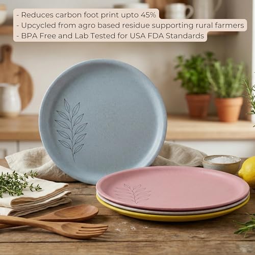 Image of Happy Cove Eco-Friendly Dinner Plate Set of 4, 10 Inch with Engraving Design | Biocomposite Rice Husk & Bamboo Fibre Serving Plates | Unbreakable, Microwave Safe, Oven Plate | Multicolour