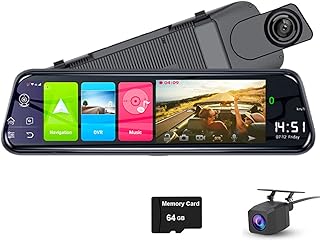 Espelho retrovisor do carro Dash Cam, 4G Android 8.1, com wifi GPS Navi, música Bluetooth, lente dupla FHD 1080P Gravador de vídeo da câmera frontal e traseira (cartão de 64 GB incluído)