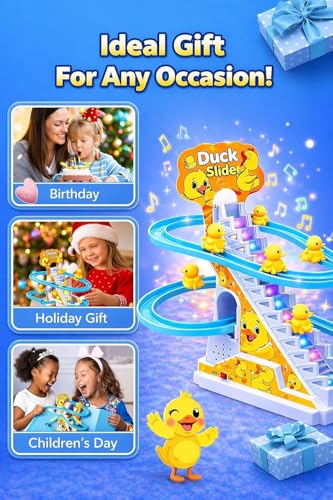 Image of WireScorts Duck Track Toys for Kids - Small Ducks Stair Climbing Toys for Kids, Escalator Toy with Lights and Music - 3 Duck Included - Duck Track Yellow