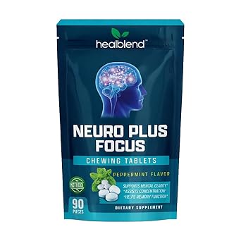 Healblend Neuro Plus Focus Chewing Tablet - Peppermint Flavor - Nootropic Energy Tablet with Caffeine, L-Theanine, Rhodiola - Supports Memory, Mental Clarity & Concentration - 90 Pieces